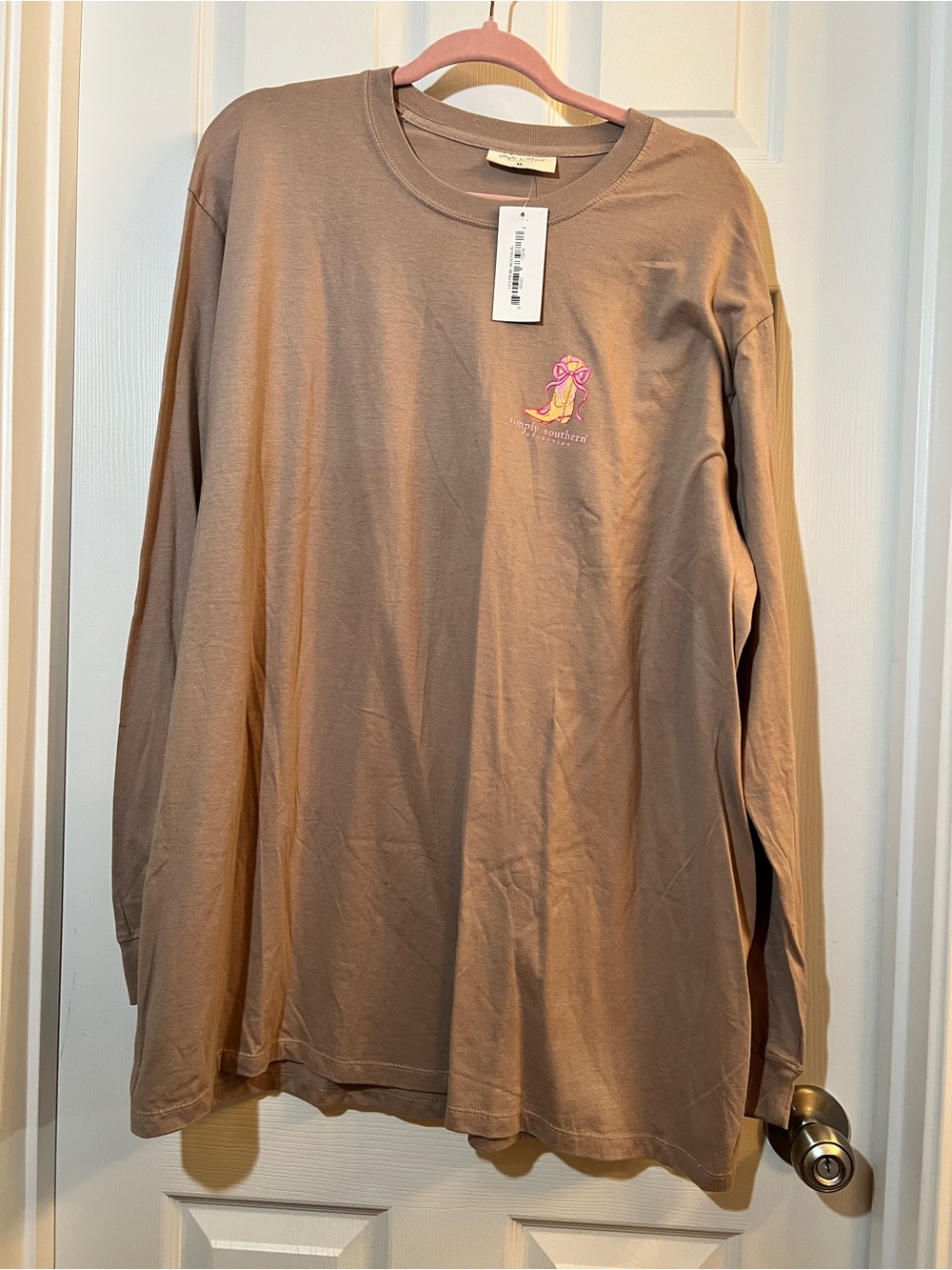 Simply Southern Taupe Long Sleeve Tee with Pink & Yellow Embroidered Logo
